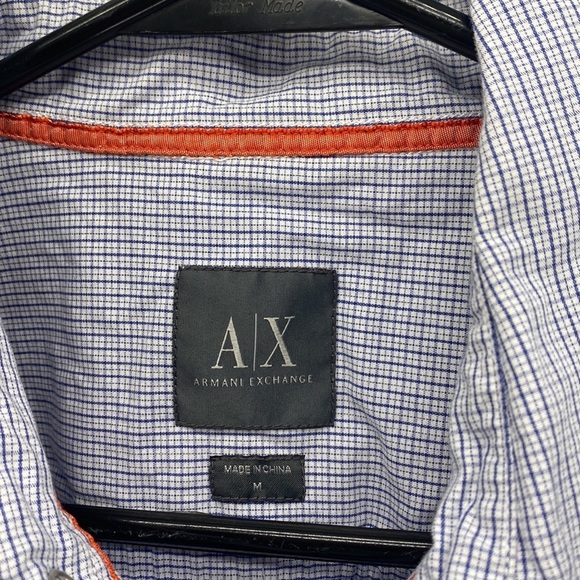 AX Armani Exchange mini plaid short sleeve snap button blue white - Picture 2 of 5